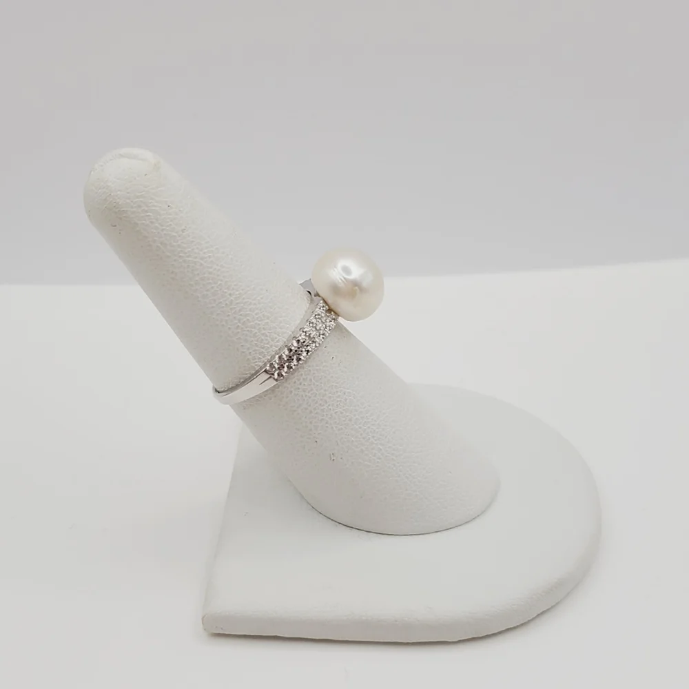 Akoya Cream Pearl & Simulated Pave Diamond Platinum | 925 Sterling Silver Ring